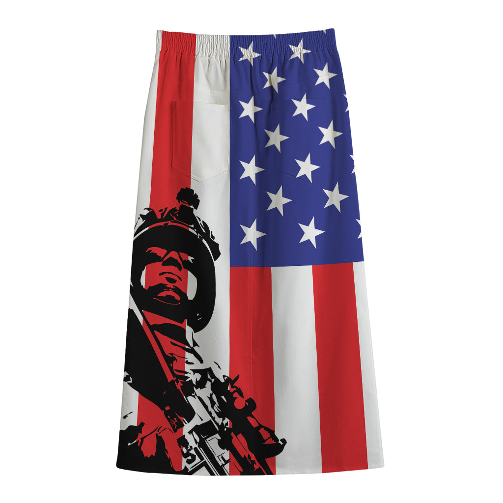 Military American Flag Print Cotton Front Slit Maxi Skirt