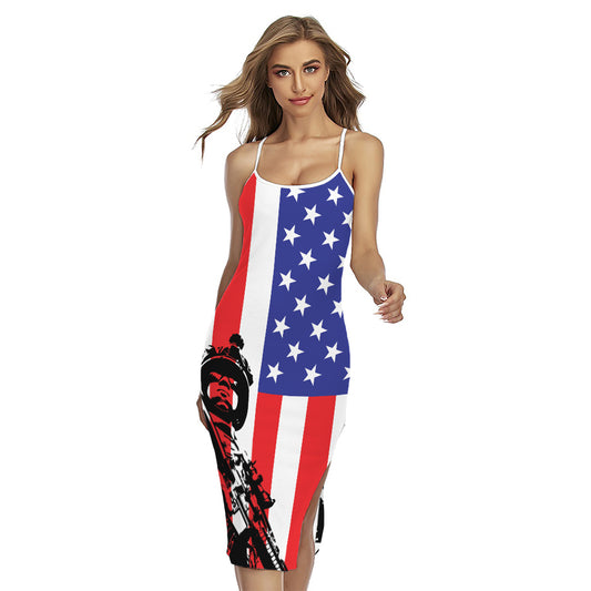 Military American Flag Print Cross Back Cami Dress