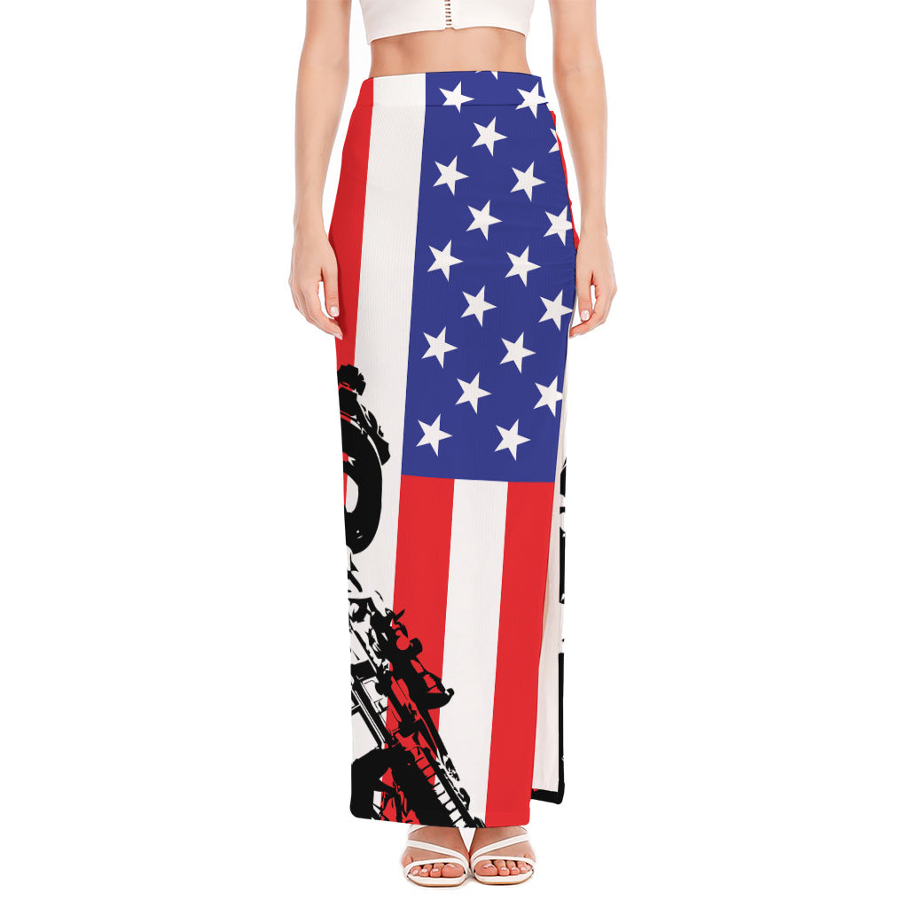 Military American Flag Print High Slit Maxi Skirt
