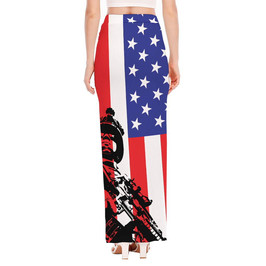 Military American Flag Print High Slit Maxi Skirt