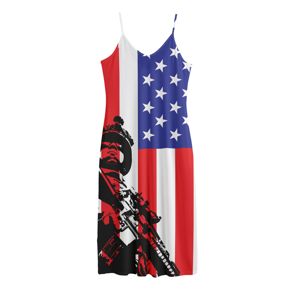 Military American Flag Print Jersey Midi Cami Dress