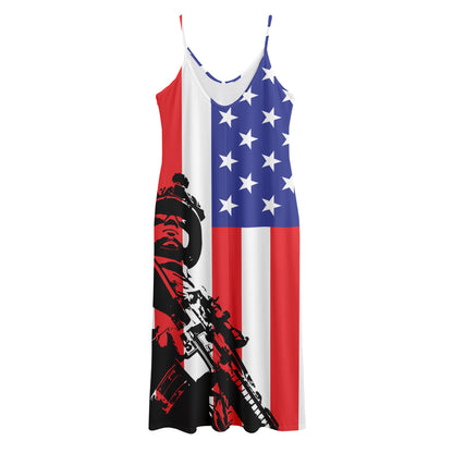 Military American Flag Print Jersey Midi Cami Dress