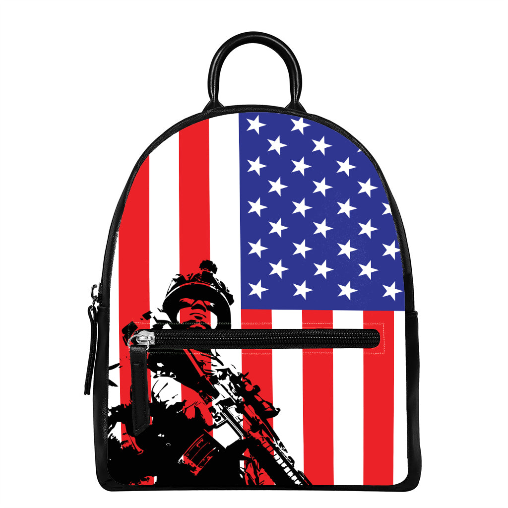 Military American Flag Print Leather Backpack
