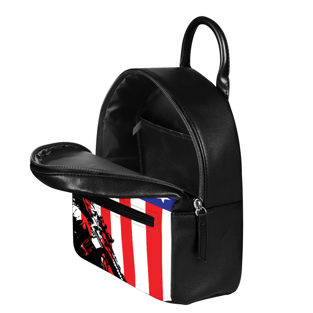 Military American Flag Print Leather Backpack