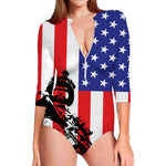 Military American Flag Print Long Sleeve Swimsuit