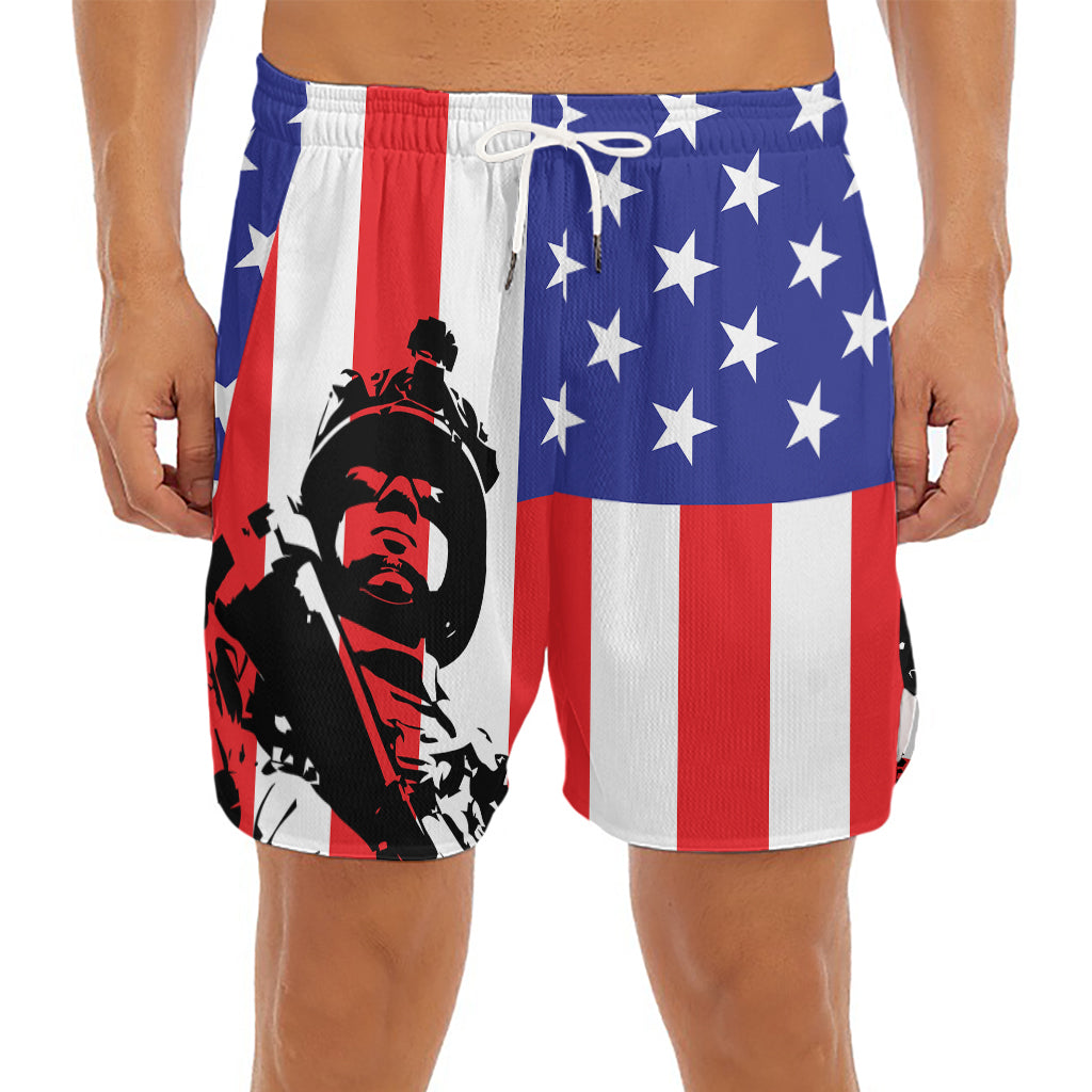 Military American Flag Print Men's Split Running Shorts