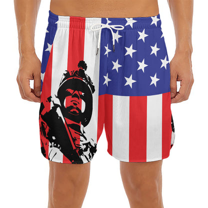 Military American Flag Print Men's Split Running Shorts