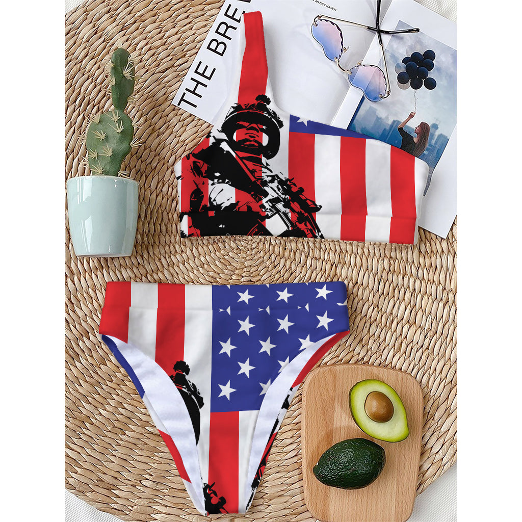 Military American Flag Print One Shoulder Bikini Top