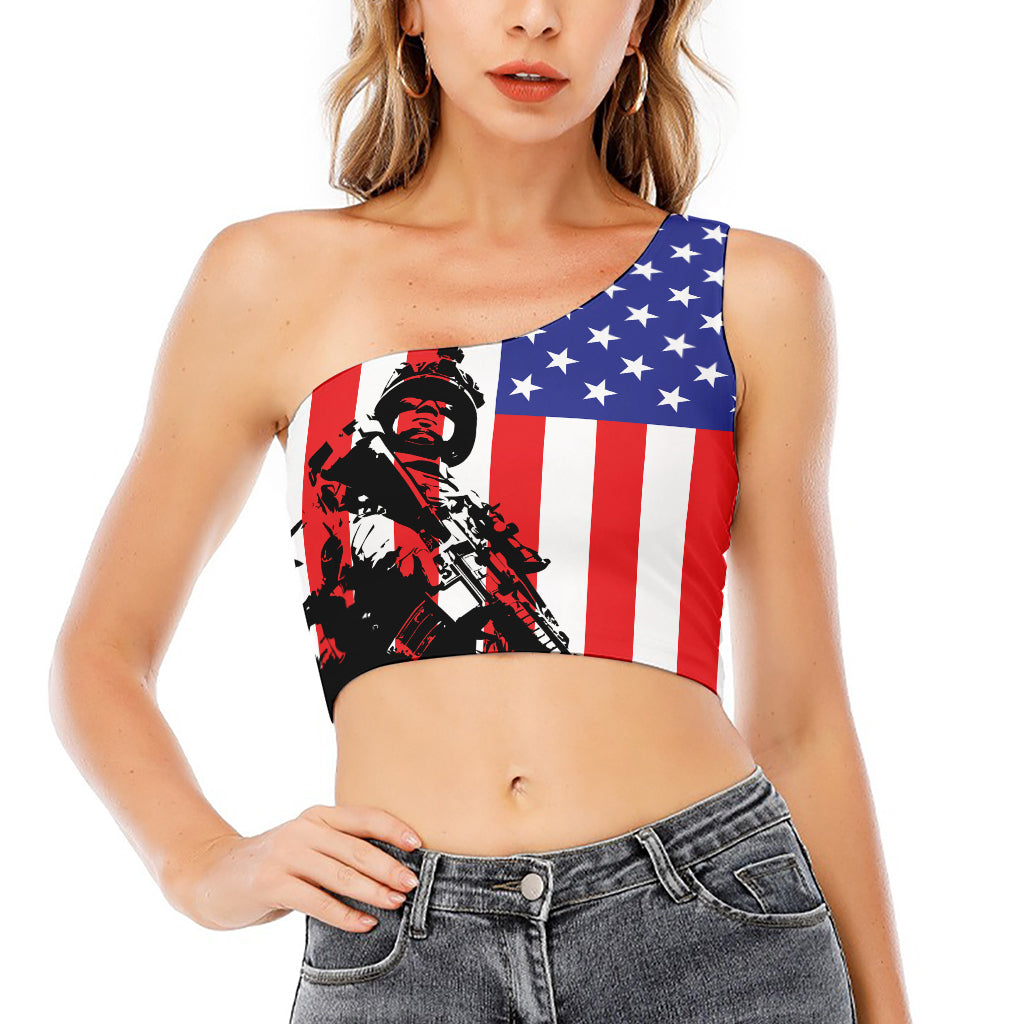 Military American Flag Print One Shoulder Crop Top