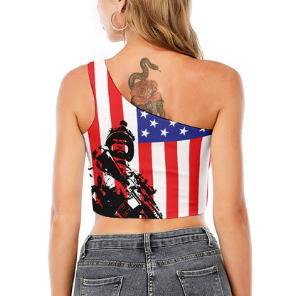 Military American Flag Print One Shoulder Crop Top
