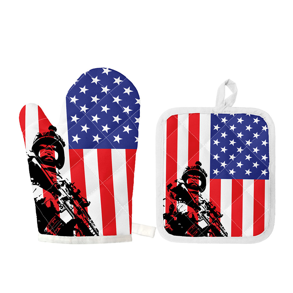 Military American Flag Print Oven Mitt And Pot Holder Set