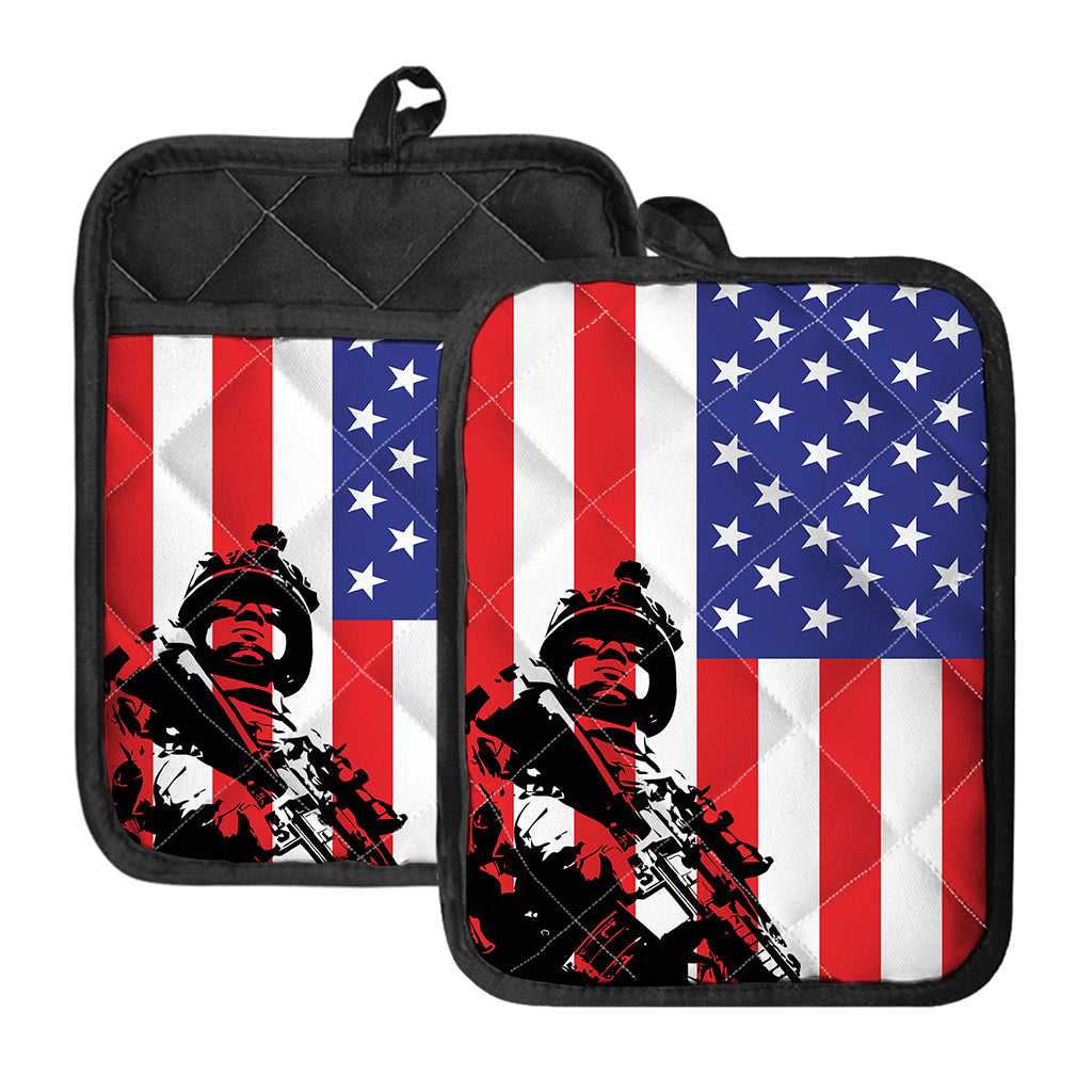 Military American Flag Print Pot Holders With Pocket