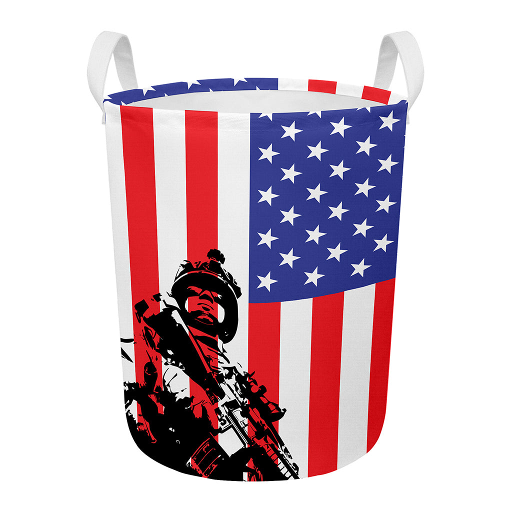 Military American Flag Print Round Laundry Basket