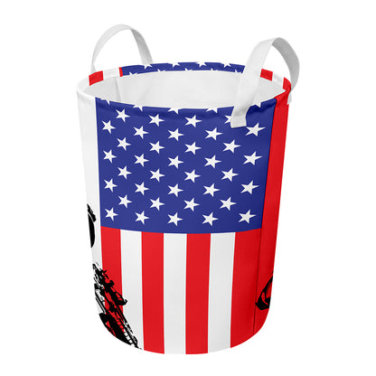 Military American Flag Print Round Laundry Basket