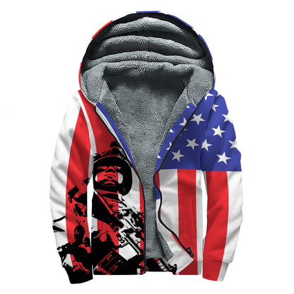 Military American Flag Print Sherpa Lined Zip Up Hoodie