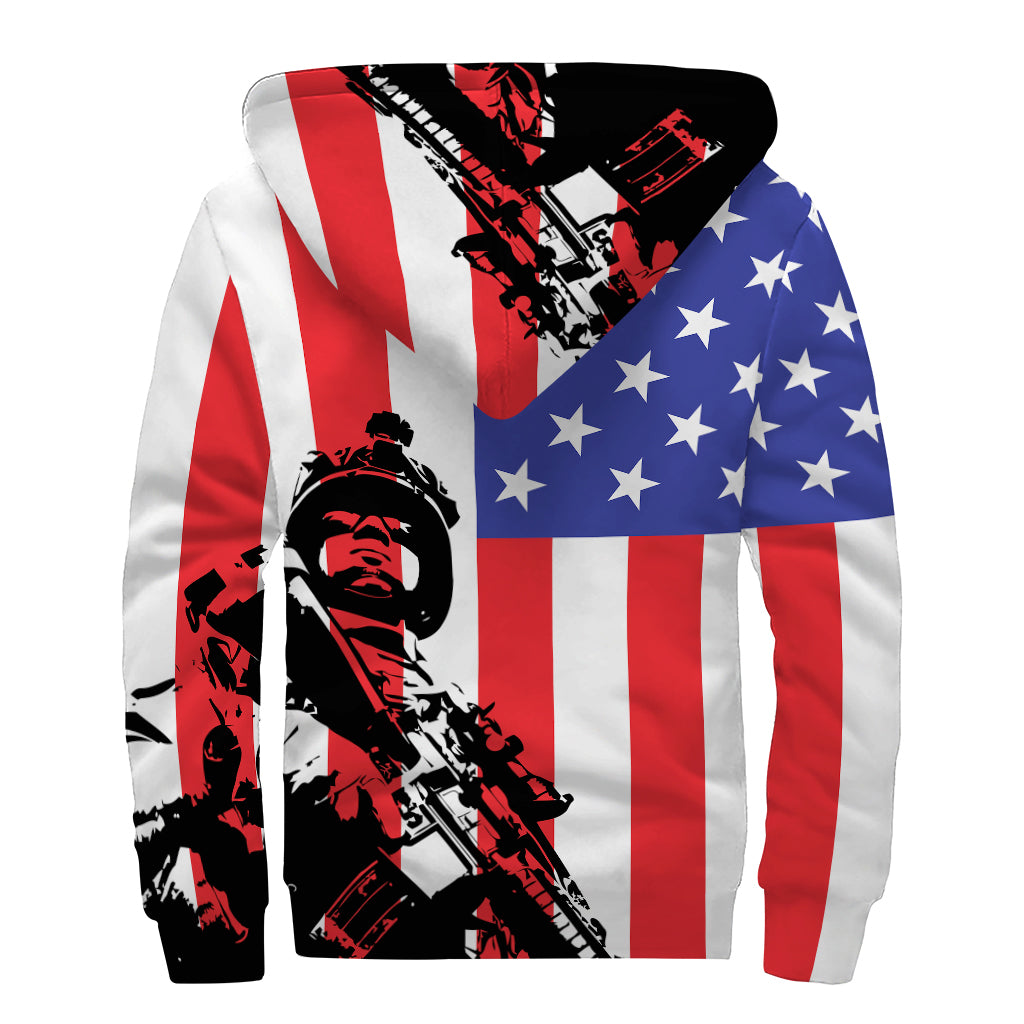 Military American Flag Print Sherpa Lined Zip Up Hoodie
