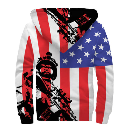 Military American Flag Print Sherpa Lined Zip Up Hoodie