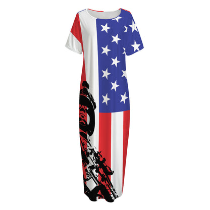 Military American Flag Print Short Sleeve Long Nightdress
