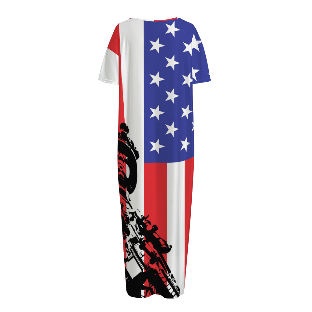 Military American Flag Print Short Sleeve Long Nightdress