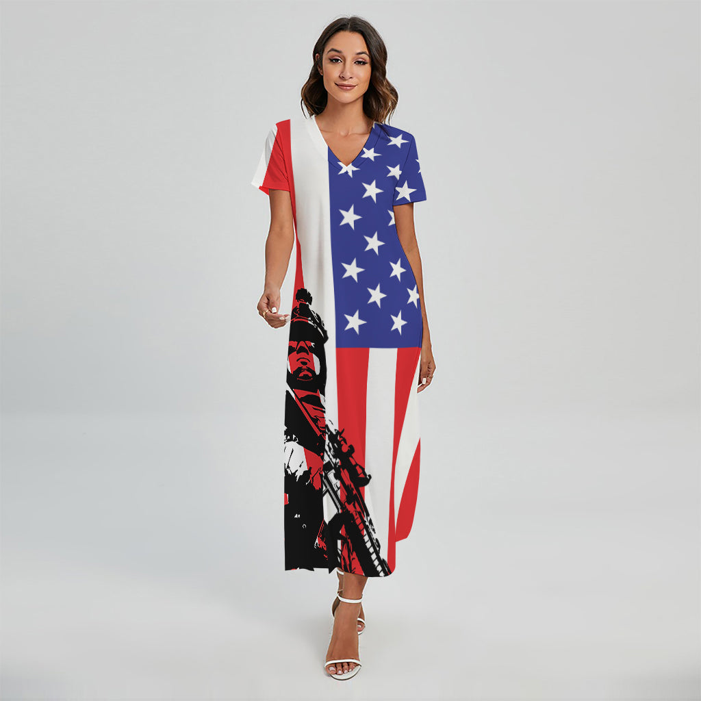 Military American Flag Print Short Sleeve Maxi Dress
