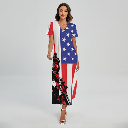 Military American Flag Print Short Sleeve Maxi Dress