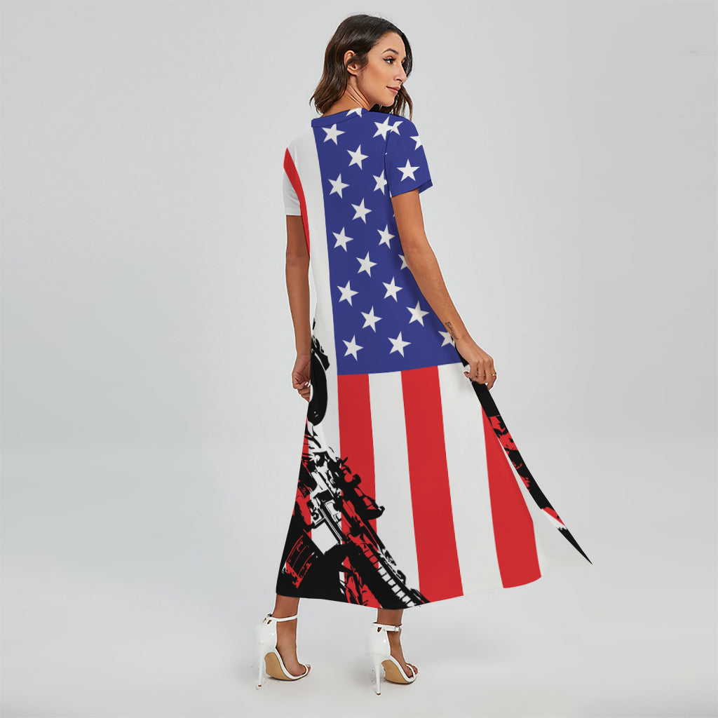Military American Flag Print Short Sleeve Maxi Dress