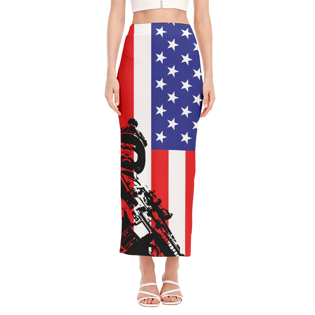 Military American Flag Print Side Slit Maxi Skirt
