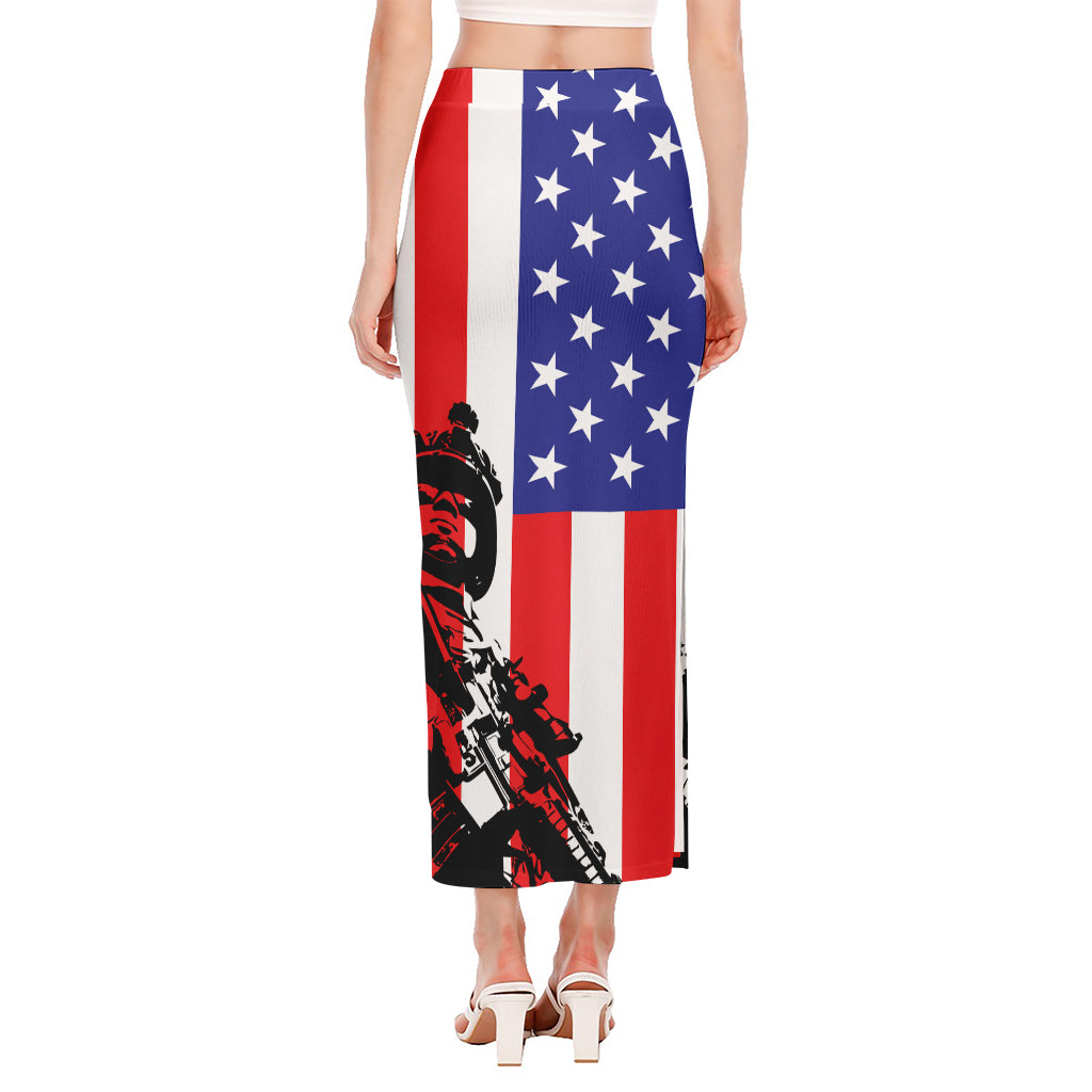 Military American Flag Print Side Slit Maxi Skirt