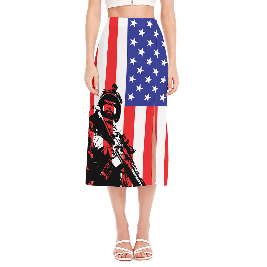 Military American Flag Print Side Slit Midi Skirt
