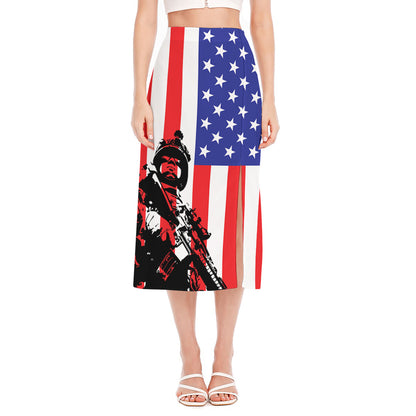 Military American Flag Print Side Slit Midi Skirt