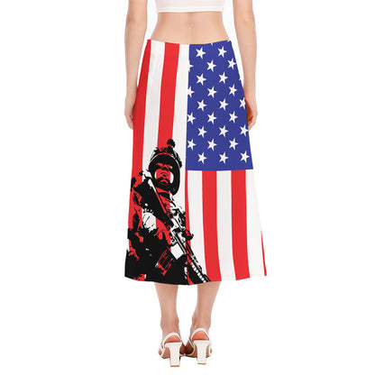 Military American Flag Print Side Slit Midi Skirt