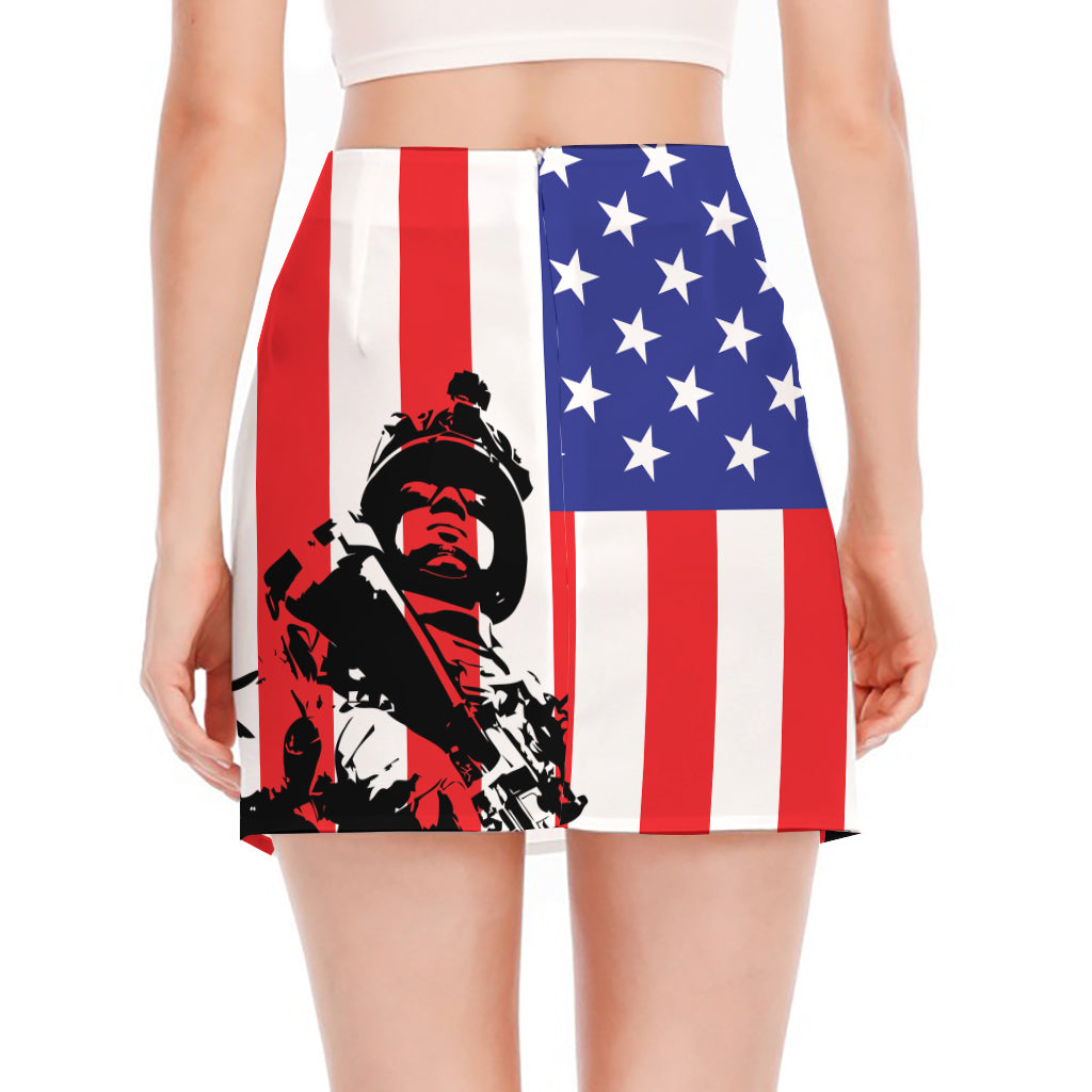 Military American Flag Print Side Slit Mini Skirt
