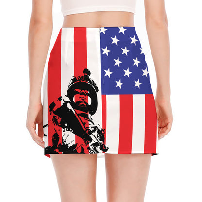 Military American Flag Print Side Slit Mini Skirt