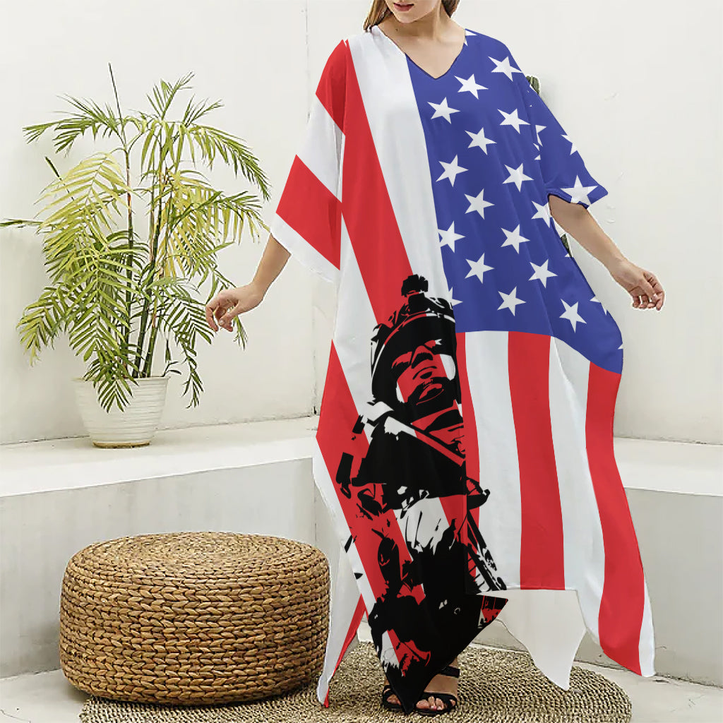 Military American Flag Print Silk V-Neck Kaftan Dress