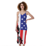 Military American Flag Print Slim Fit Midi Cami Dress