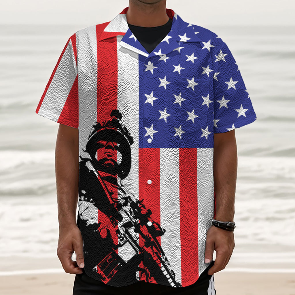 Military American Flag Print Textured Short Sleeve Shirt