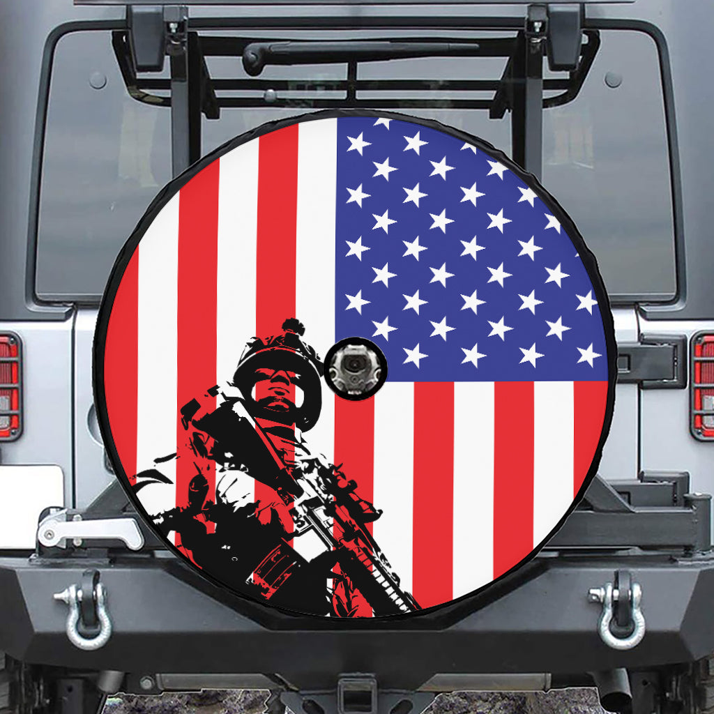 Military American Flag Print Tire Cover With Camera Hole