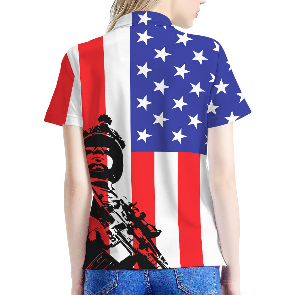 Military American Flag Print Women's Polo Shirt