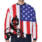 Military American Flag Print Zip Sleeve Bomber Jacket