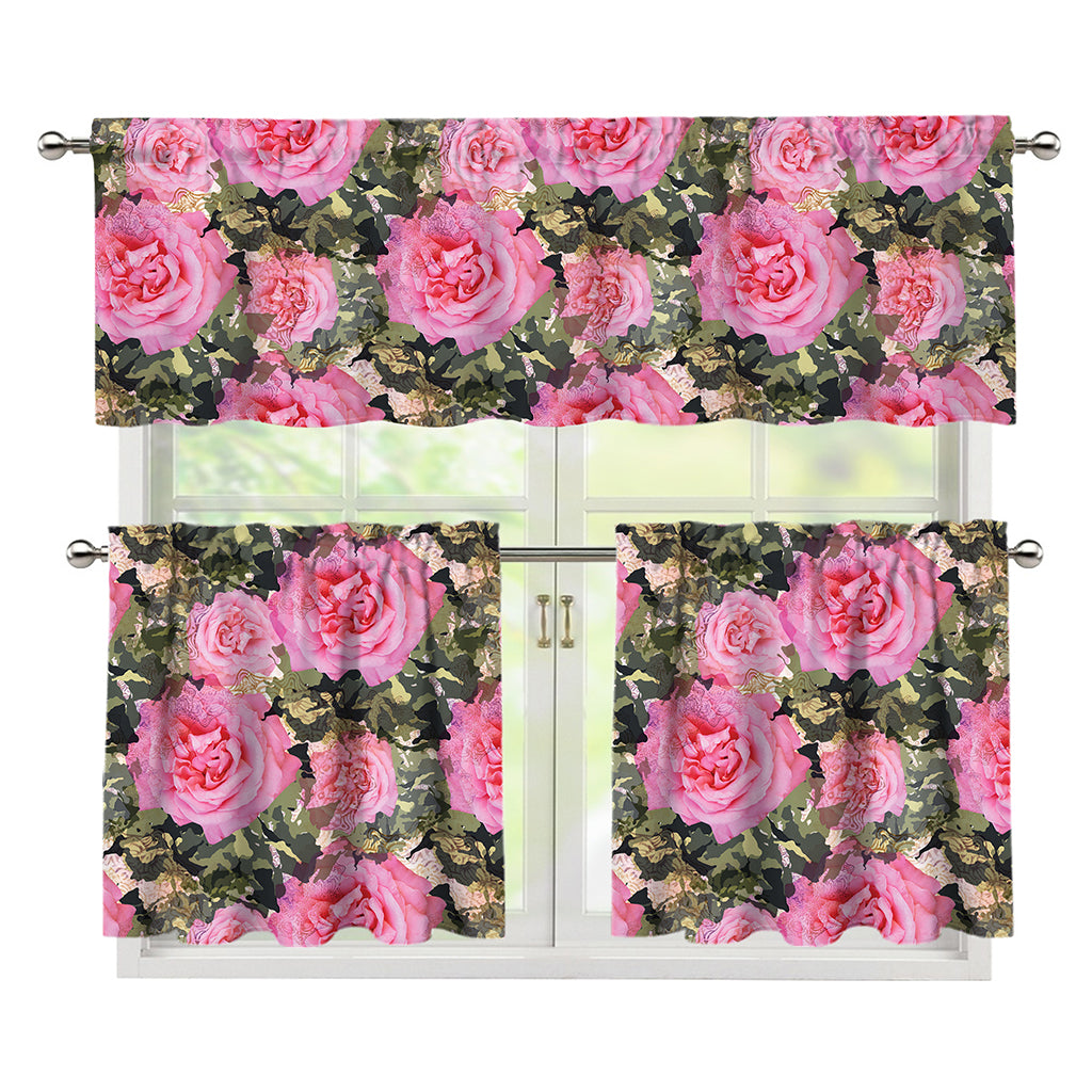 Military Camouflage Flower Pattern Print 3 Piece Kitchen Curtains