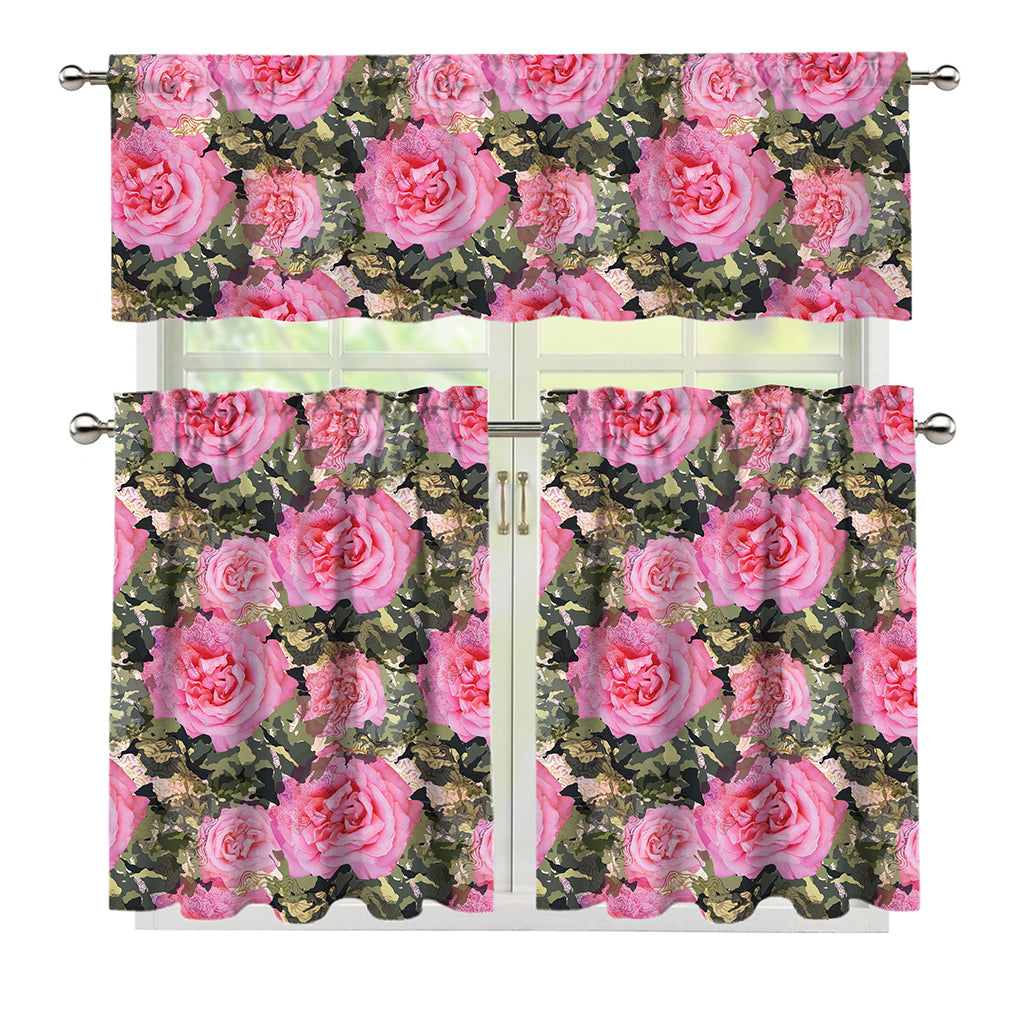 Military Camouflage Flower Pattern Print 3 Piece Kitchen Curtains