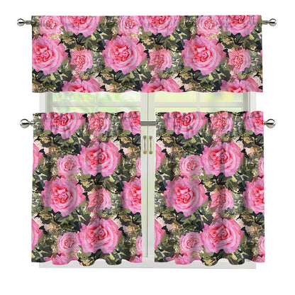 Military Camouflage Flower Pattern Print 3 Piece Kitchen Curtains
