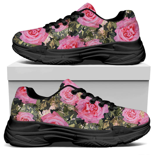 Military Camouflage Flower Pattern Print Black Chunky Shoes