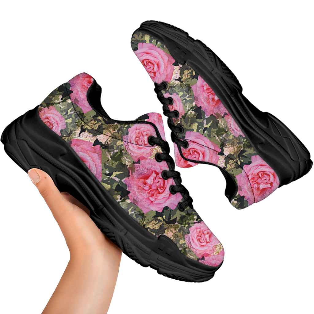 Military Camouflage Flower Pattern Print Black Chunky Shoes