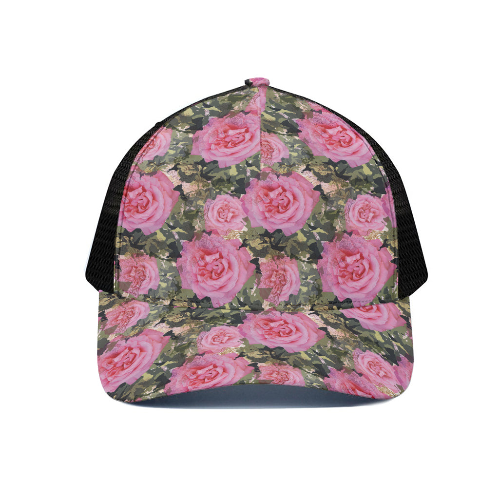 Military Camouflage Flower Pattern Print Black Mesh Trucker Cap