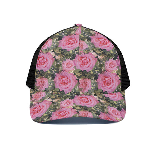 Military Camouflage Flower Pattern Print Black Mesh Trucker Cap