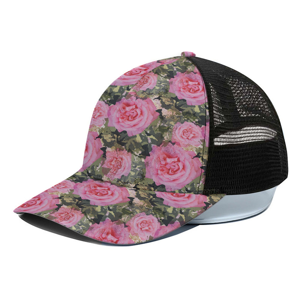 Military Camouflage Flower Pattern Print Black Mesh Trucker Cap