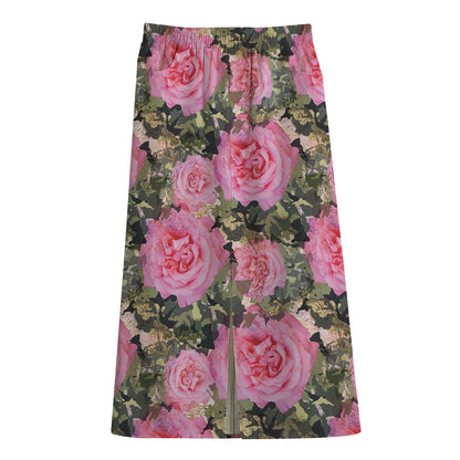 Military Camouflage Flower Pattern Print Cotton Front Slit Maxi Skirt