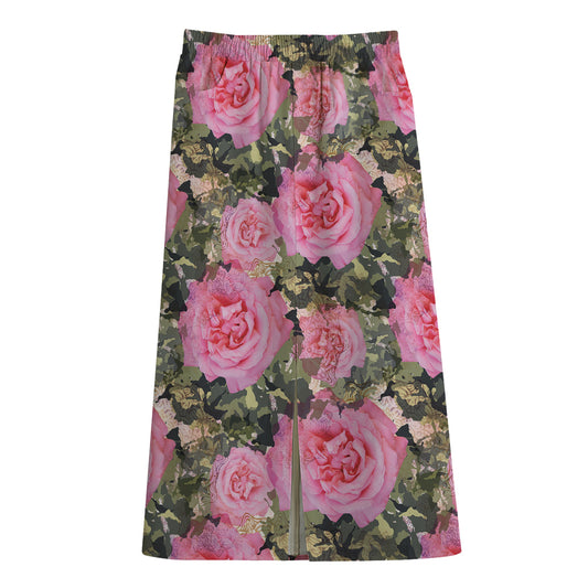 Military Camouflage Flower Pattern Print Cotton Front Slit Maxi Skirt