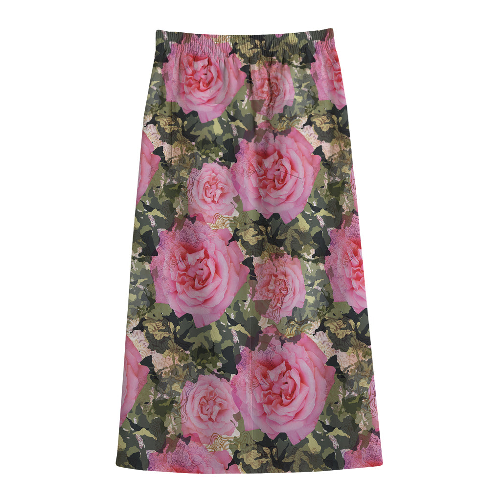 Military Camouflage Flower Pattern Print Cotton Front Slit Maxi Skirt